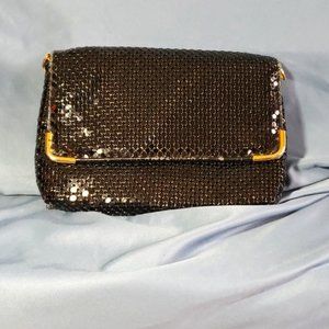 Vintage Black Chain Front Flap Clutch Purse with Gold Accent
